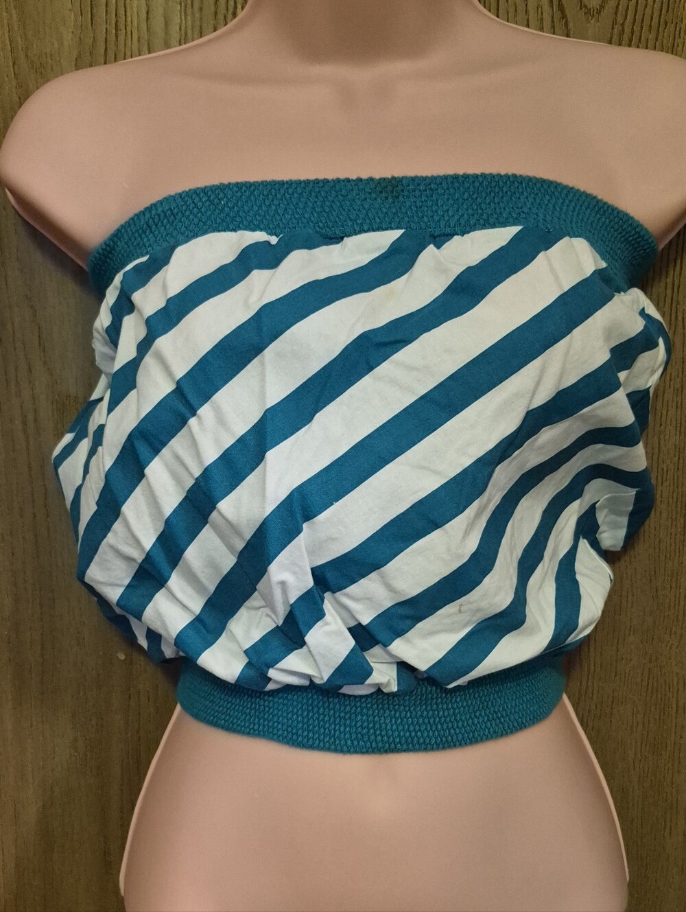 Vintage Teal and white Striped Tube Top Banded USA Made Boho Hippy Festive OS